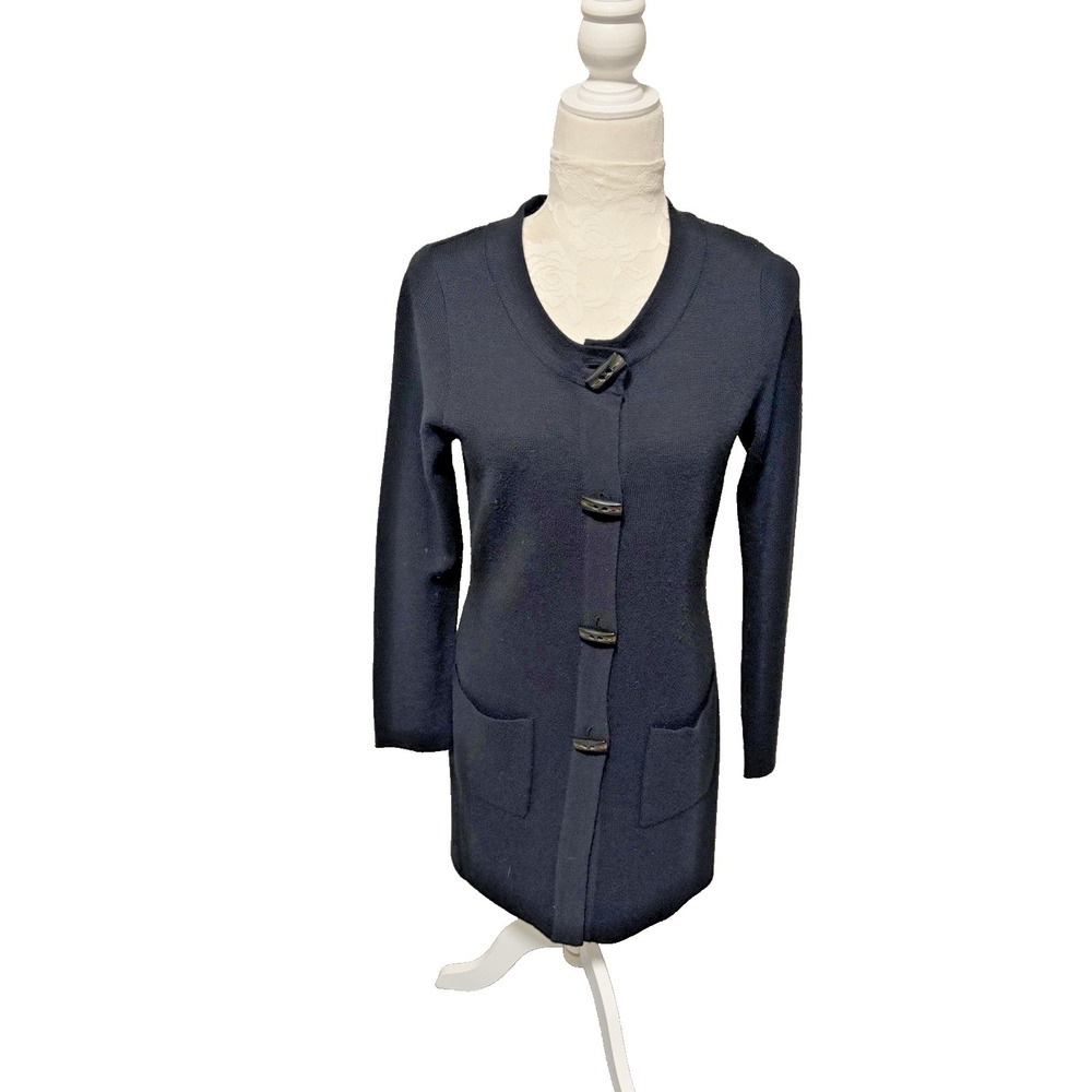 ELLEN TRACY Black Marino Wool Cardigan Duster Sweater~M~Toggle‎ Buttons Tailored